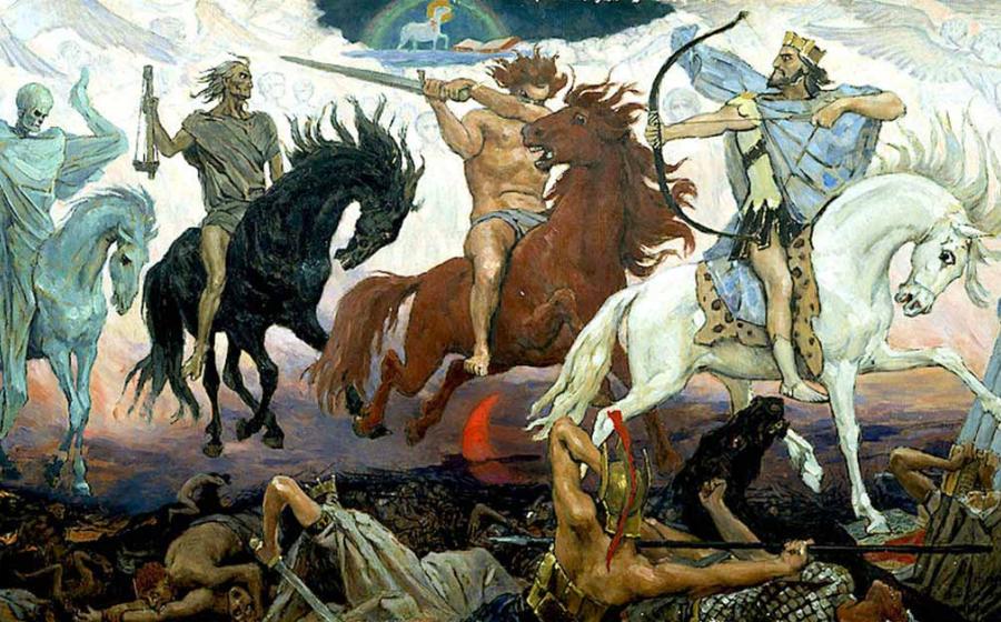 Each of the Four Horsemen of the Apocalypse represent different aspects of the cleansing of the Earth, by Russian painter Viktor Vasnetsov. Source: Public domain