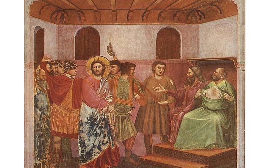 The High Priest is depicted tearing his robe in grief at Jesus' perceived blasphemy. Was this a calculated move to stop secrets from being revealed? Fresco, Giotto di Bondone (1267-1337). 