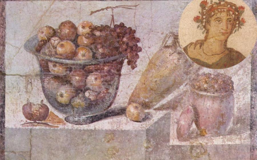 ‘Still life with glass bowl of fruit and vases’ by a Pompeian painter in 70 AD, Museo Archeologico Nazionale, Naples, Italy. Insert: Mosaic depicting a man labelled as the gourmand Marcus Gavius Apicius. 