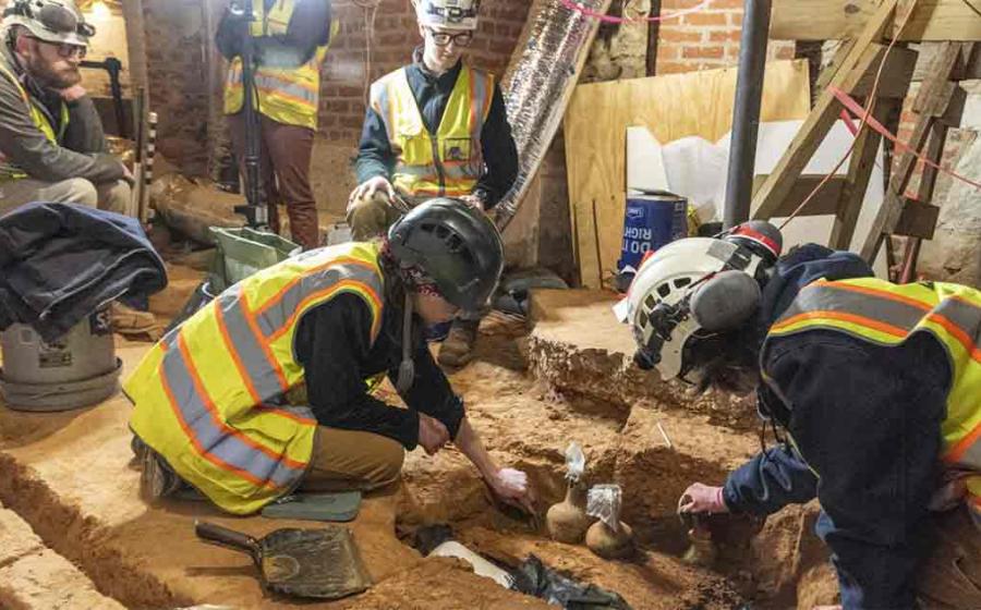 As part of the groundbreaking $40 million Mansion Revitalization Project funded by private donors, archaeologists unearth two intact, sealed 18th-century glass bottles at George Washington's Mount Vernon estate. Source: Mount Vernon Ladies' Association