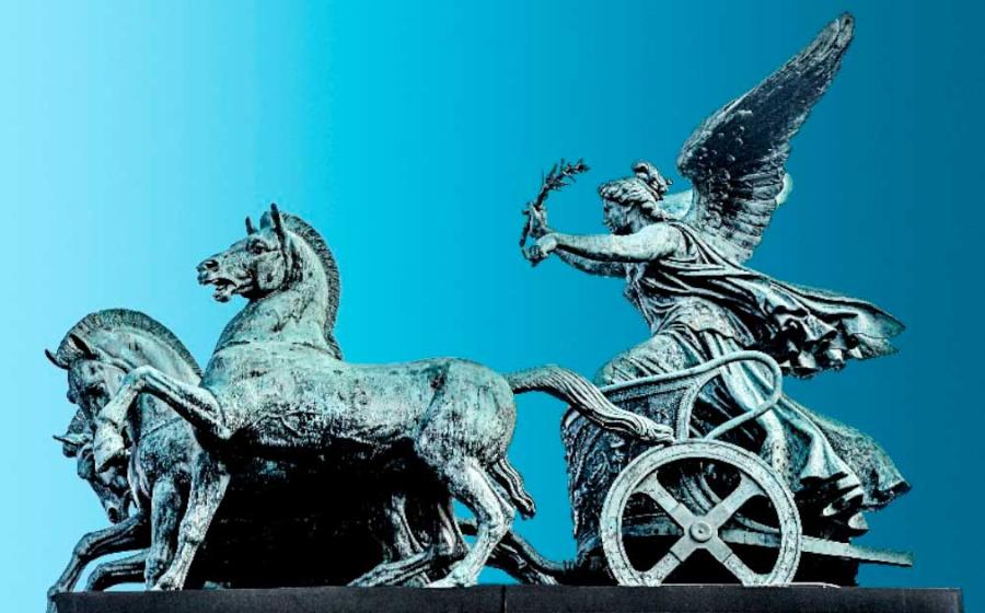 Bronze statue of Nike, Greek goddess of victory, on Austrian Parliament roof in Vienna, Austria	(neurobite / Adobe Stock)