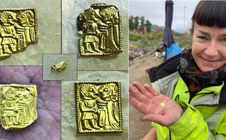 5 gold foil pieces found in the dig in Norway. Right; Kathrine Stene, the archaeologist and project leader, proudly displays one of the five newly unearthed gold foil pieces.  Source: Nicolai Eckhoff/Facebook