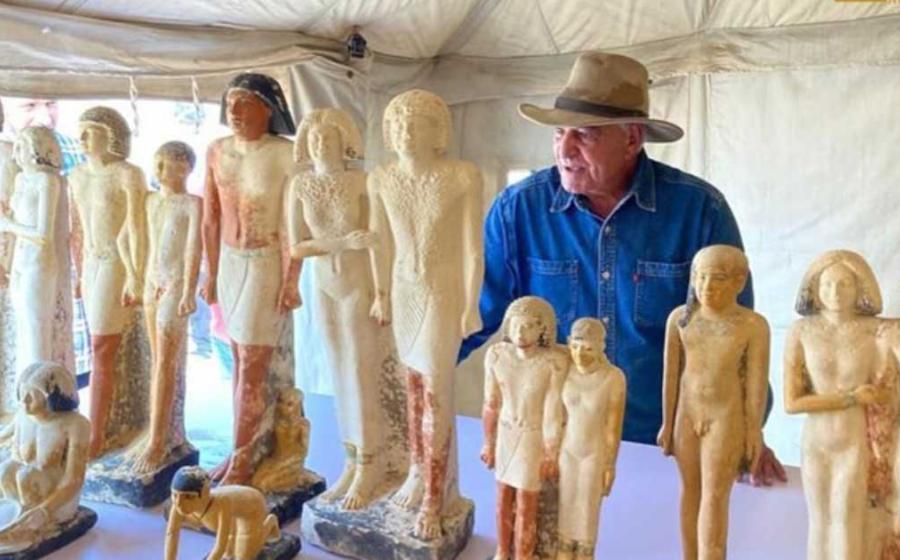 Egyptian archaeologist Zahi Hawass, the director of the Egyptian excavation team, works at the site of the Step Pyramid of Djoser in Saqqara where the golden mummy and states were found. Source: Ministry of Tourism & Antiquities