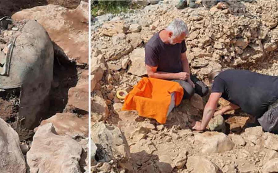 left; the recently excavated Greek-Illyrian helmet, Right; archaeologists extracting the helmet at the site. Source: Dubrovnik Museums