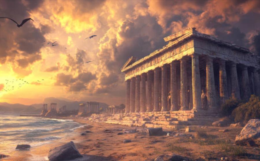 Representation of a Greek beach, ruins, with ominous sky. 