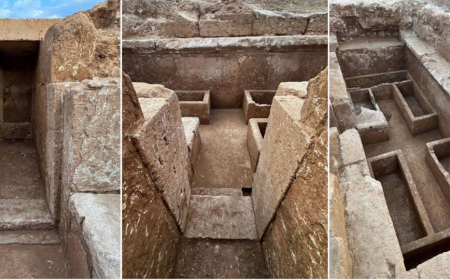 Different views of the newly discovered tomb at an excavation site for ancient Greek city of Tenea.