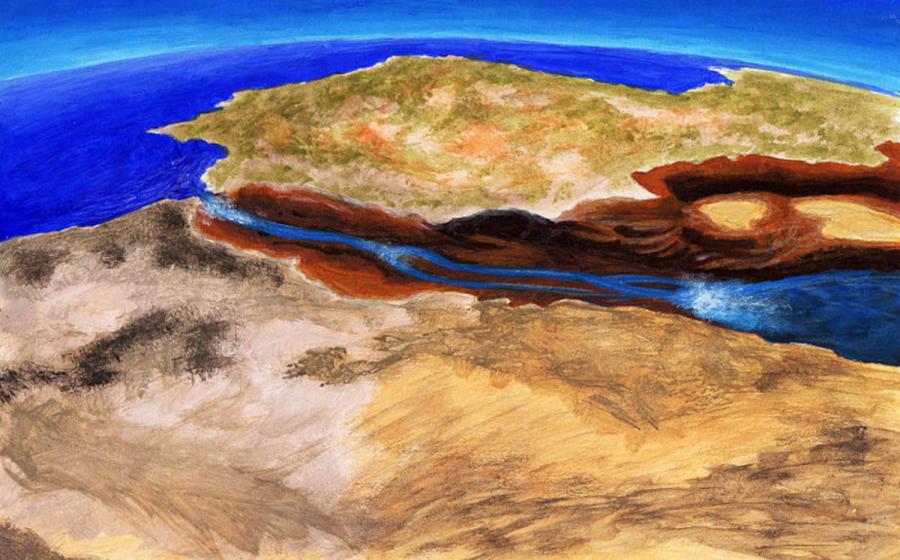 Artistic interpretation of the flooding of the Mediterranean through the Gibraltar Strait; 5.3 million years ago. 