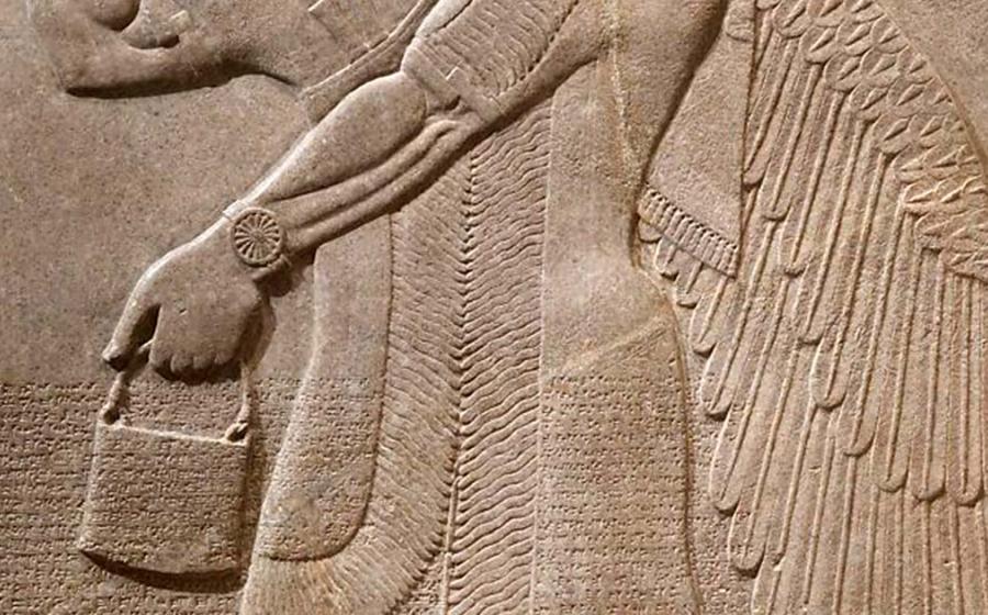Assyrian relief carving, circa 883 to 859 BC, which includes a representation which looks surprisingly similar to modern-day handbags. Source: Public domain