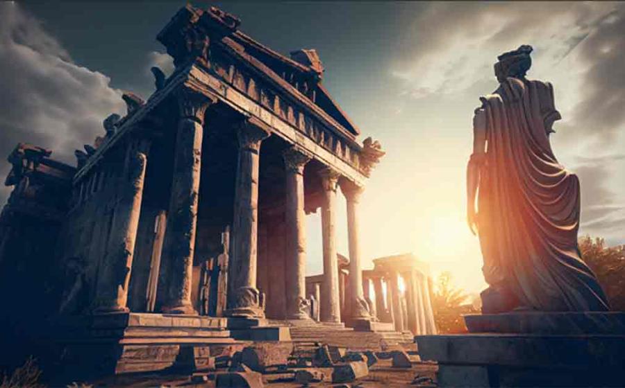 AI image of ancient Greek civilization, a Greek temple ruins with a female goddess statue.