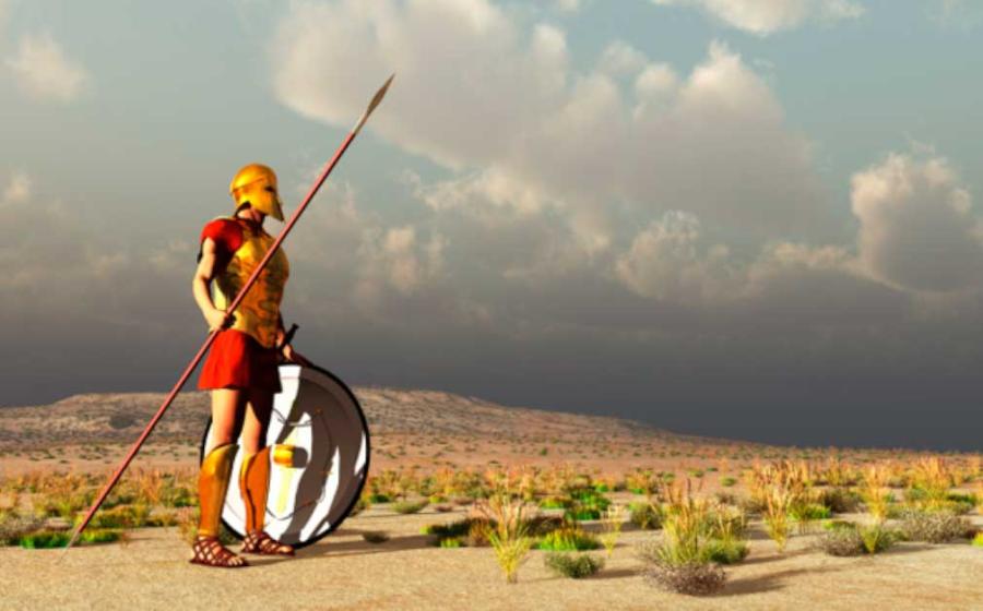Greek hoplite in armor and with weapons and shield. Source: anibal / Adobe Stock