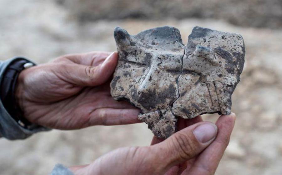 The mysterious ceramic fragment with the horned face image found in a village in Poland.                 Source: Lukasz Gagulski / Science in Poland