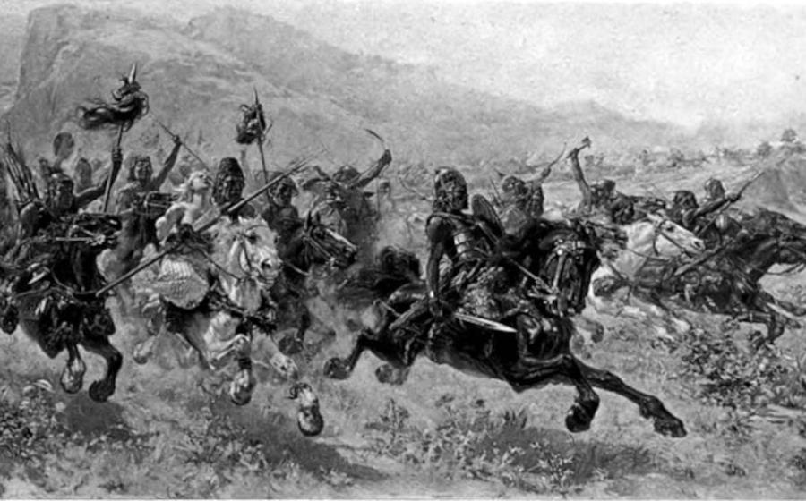 Illustration of Attila the Hun leading his men into battle, from the book ‘Great Men and Famous Women Volume 1 - ATTILA, THE SCOURGE OF GOD (1894, artist Ulpiano Checa).
