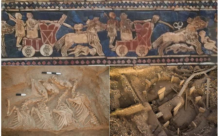 Top: Sumerian chariots drawn by hybrid animals known as kungas, illustrated on the Standard of Ur (© Thierry Grange) Bottom left: Hybrid animals known as ‘kungas’ found at Umm el-Marra site, Syria (Glenn Schwartz/John Hopkins University). Bottom right: South of Gobekli Tepe, Turkry, D enclosure T pillars. (Deutsches Archäologisches Institut, Berlin).		Source: CNRS