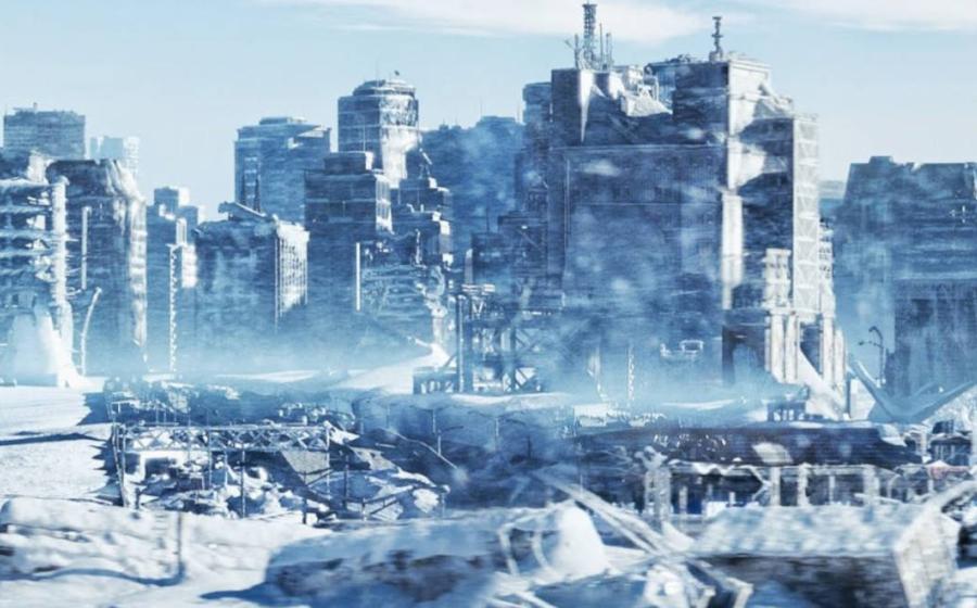 Image of a city of the future covered by a layer of ice during the next ice age.
