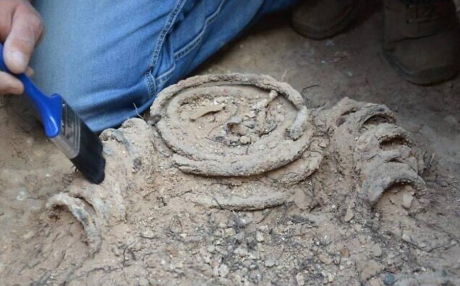A rare skeleton encased in iron rings was discovered in the ruins of a church about three kilometers northwest of Jerusalem