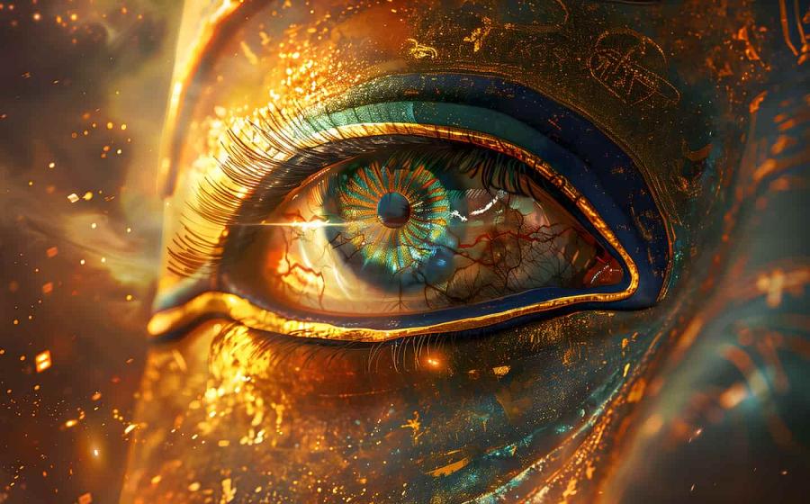Close-up of a golden Egyptian eye featuring a glowing cosmic iris and shimmering sparks.
