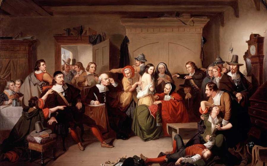 Examination of a Witch (1853) by T. H. Matteson, inspired by the Salem trials, which have been finally “closed” by the exoneration of the last Salem witch, Elizabeth Johnson. Source: Peabody Essex Museum / Public domain