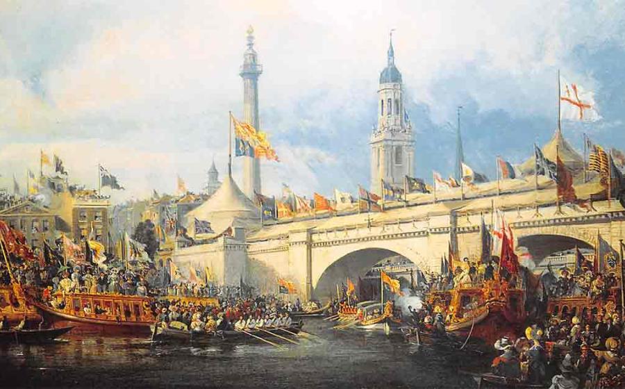 The Opening of the New London Bridge (completed in 1831) by George Chambers. Source: Public domain