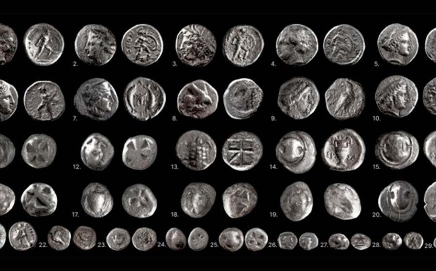 A selection of 29 rare Greek coins recently unearthed at ancient Tenea, Corinth, Greece.	Source: Greek Ministry of Culture