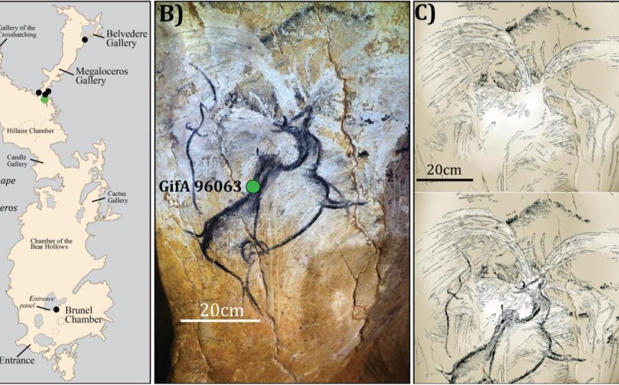 (A) A map of the cave with prehistoric representations of volcanoes, including (B) and (C) the Chauvet-Pont d’Arc megaloceros and volcanic spray (Photo by D. Genty, drawing by V. Feruglio-D Baffier). 