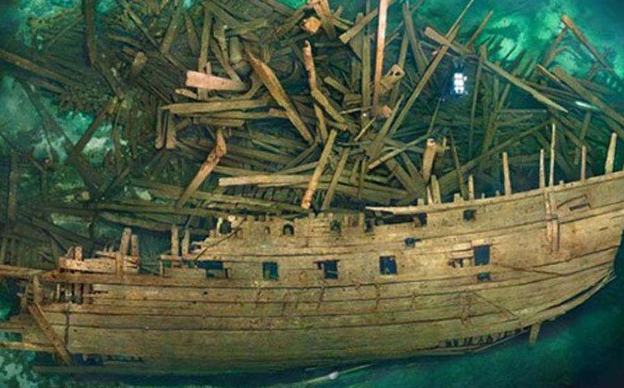 The Mars lies at the bottom of the Baltic Sea, where it sank during a naval battle in 1564. Composite photograph by Tomasz Stachura, Ocean Discovery