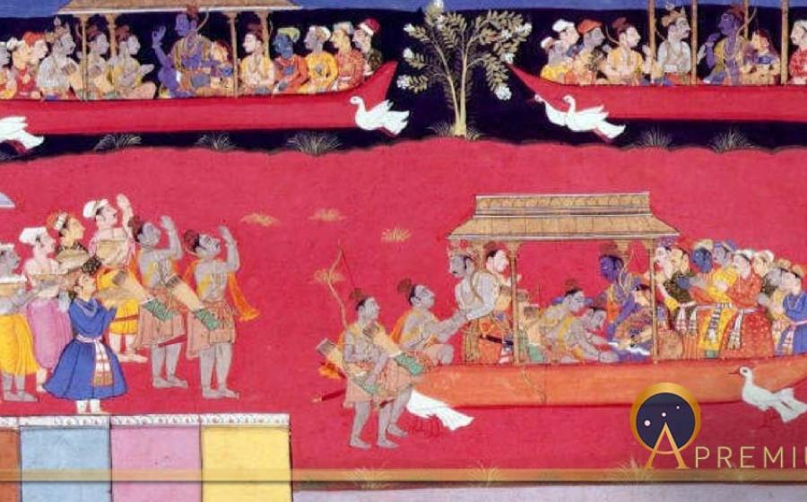 Pushpaka vimana depicted three times, twice flying in the sky and once landed on the ground.(Public Domain)
