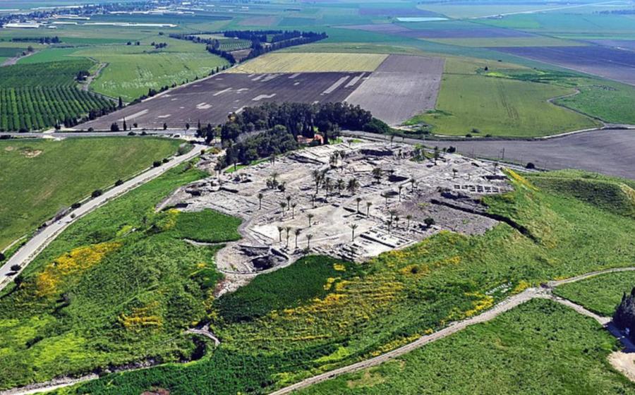 Aerial photo of Tel Megiddo site, plus surrounding countryside, in northern Israel.