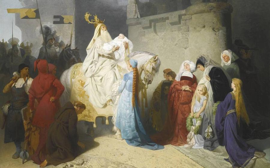 Painting by Emil Johann Lauffer (19th century). Merlin presenting the future king Arthur (while wearing a headdress that feature’s a shaman’s horns).