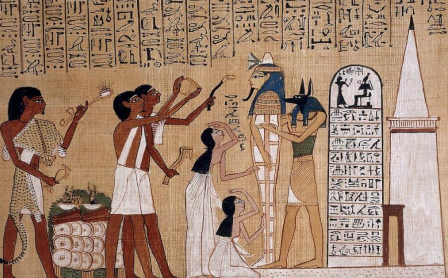The Egyptian mummification process, with the god of mummification Anubis attending to the body. Extract from the Papyrus of Hunefer, a 19th-Dynasty Book of the Dead (c. 1300 BC).