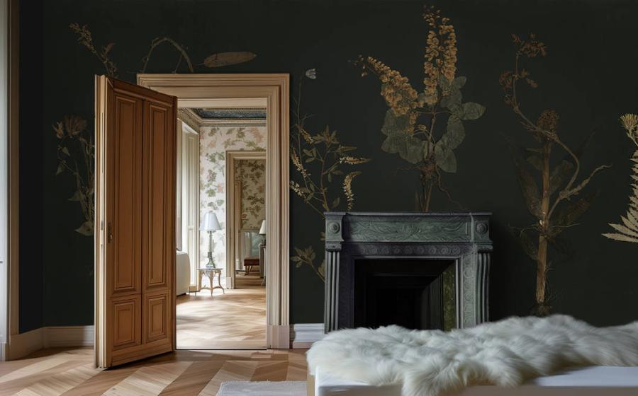  Nature-themed mural adorning a bedroom wall.