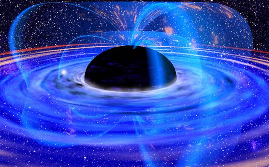 Artist’s conception of a spinning black hole, warping reality as predicted by Einstein’s theory of relativity.