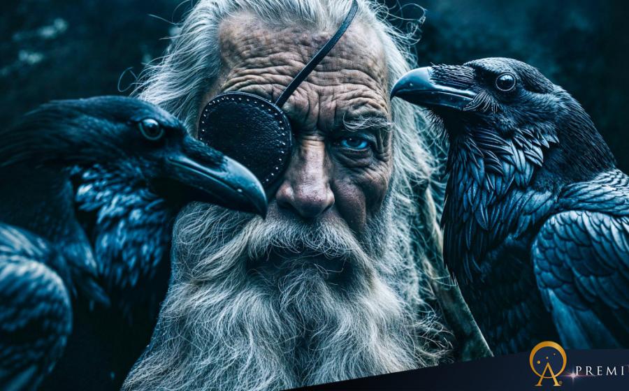Odin with his two ravens, Huginn and Munninn.