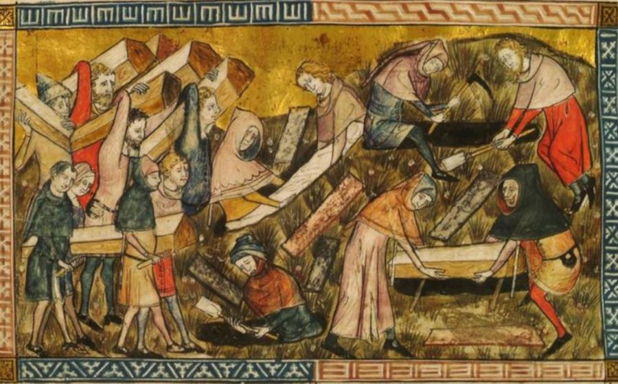  Painting by Pierart dou Tielt (1353) showing family members of plague victims burying the coffins of their loved ones, including their children.