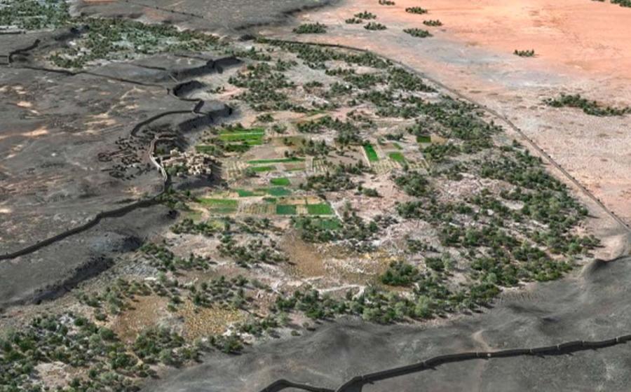 Reconstruction view of the northern part of walled oasis fortification of Khaybar around 2000 BC. Source: © Khaybar LDAP, M. Bussy & G. Charloux/ Journal of Archaeological Science