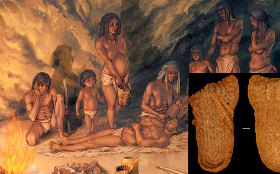 Artistic recreation of the use of Mesolithic baskets by a group of hunter-gatherers in the Cueva de los Murciélagos de Albuñol. (Moisés Belilty Molinos / CC BY ND) Insert: A pair of sandals discovered in the cave. (Martínez Sevilla, F. et al. / Science Advances)