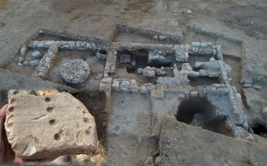 Israel Antiquities Authority excavation of the earliest soap factory in Israel, and the oldest vegan soap factory in the world.     Inset; ancient game board found at the Rahat site.   Source: Emil Aladjem / Israel Antiquities Authority