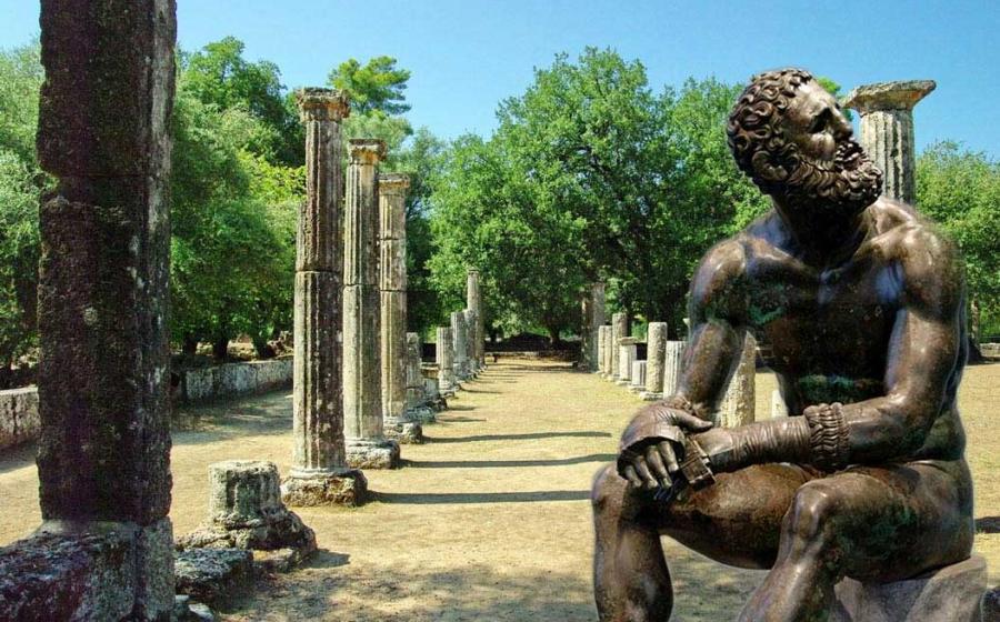 The palaestra of Olympia, a place devoted to the training of wrestlers and other athletes  and Boxer resting after contest (bronze sculpture, BCE 300–200).