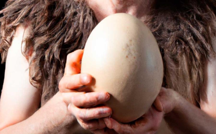 Prehistoric man holding an ostrich egg. Public domain.
