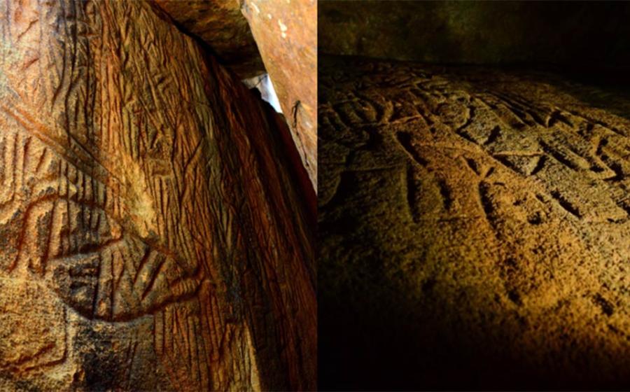 Left; Danigala Chithra Lena, Sri Lanka Petroglyphs - Linear chamber entrance and left wall representing sections of the Petroglyphs, includes anthropomorphic figures, Image © EASL | CCF-Polonnaruwa. Right; Left side wall at the middle of linear chamber representing anthropomorphic figures like human and bind code of mastermind.  Image © EASL | CCF-Polonnaruwa