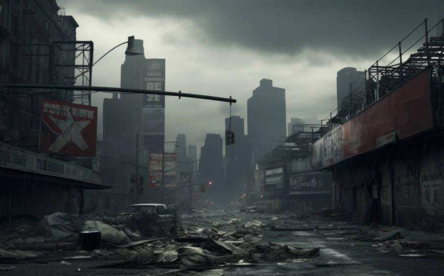 AI image of a future world city, abandoned and destitute and empty of people. 