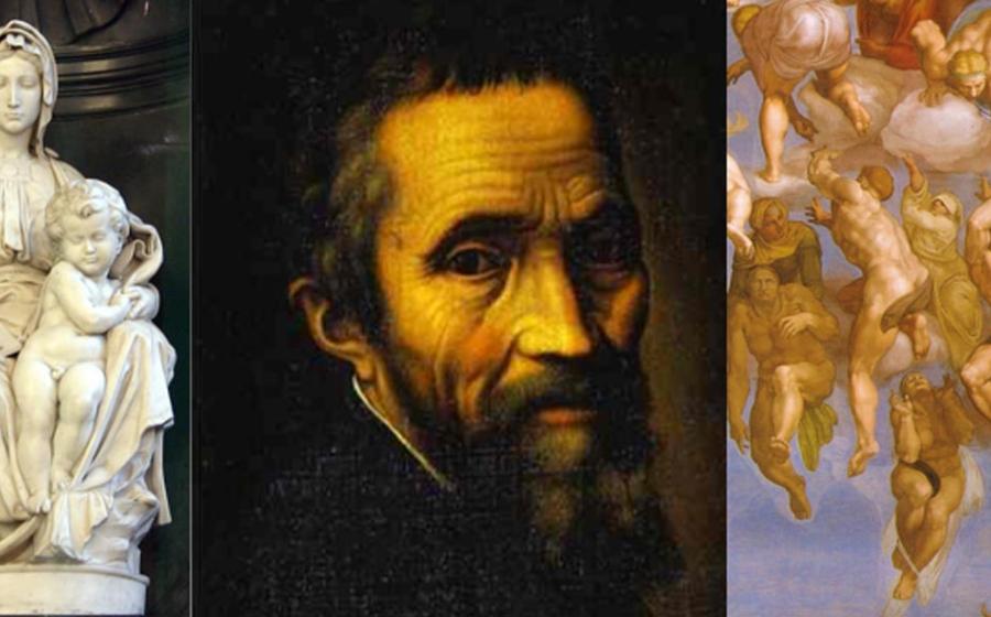A portrait of Michelangelo flanked by his sculpture ‘Madonna of Bruges’ and a detail of the Redeemed from his painting of ‘The Last Judgement.’ 