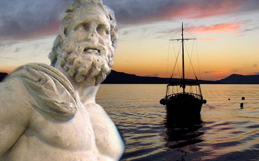 Boat on the Aegean Sea at night in Santorini, Greece - Poseidon