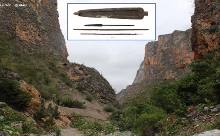 Landscape of Rancho Quemado, where the Treasure Cave is located with, inset, the atlatl and two wooden darts, found in Treasure Cave, Querétaro, Mexico        Source: Jesús E. Medina V./ INAH