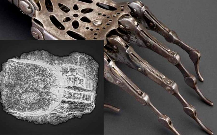 Main: An historical prosthetic hand (The Board of Trustees of the Science Museum). Inset: A scan of the prosthetic hand found in Freising (Bavarian State Office for Monument Preservation).