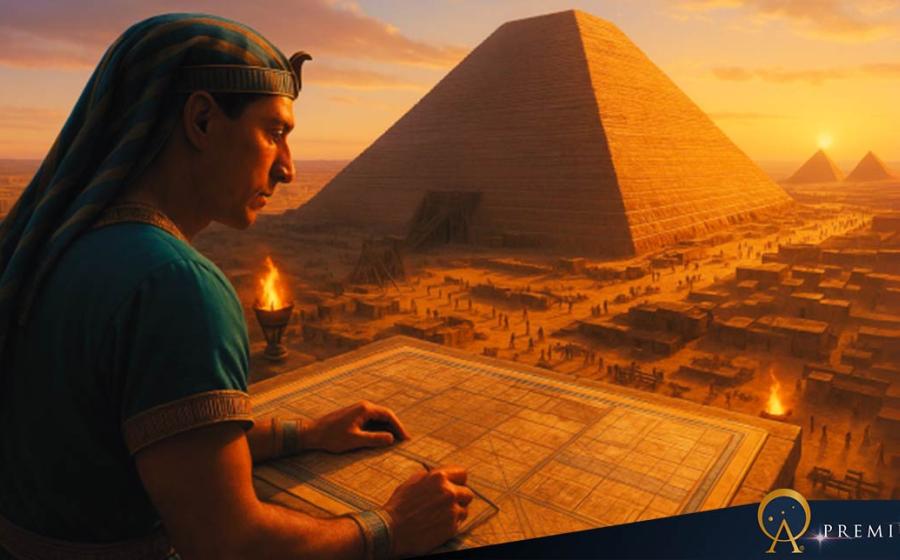 Artistic visualization of a pharaoh supervising pyramid construction.
