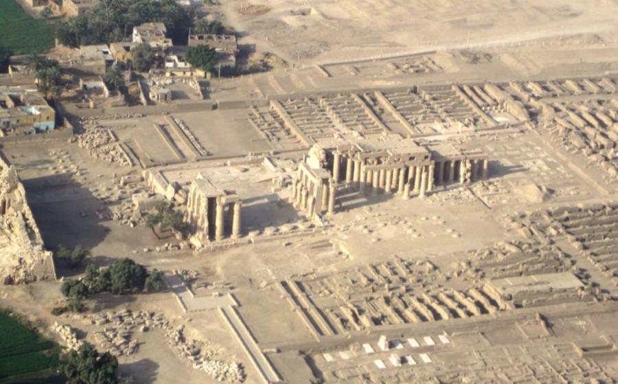 Aerial view of the remains of the Ramesseum, the mortuary temple of Ramesses II.