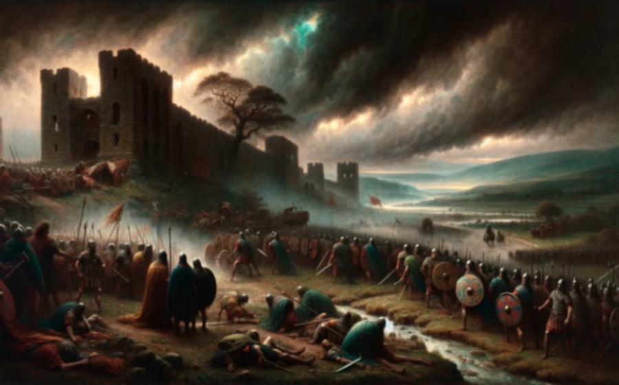 AI-generated Image of the Picts and Scots attacking Roman fortifications during the Barbarian Conspiracy of 367 AD.