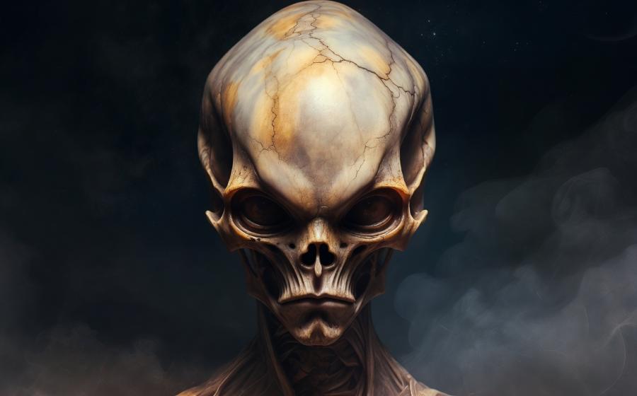 A mysterious photorealistic depiction of the legendary Starchild Skull