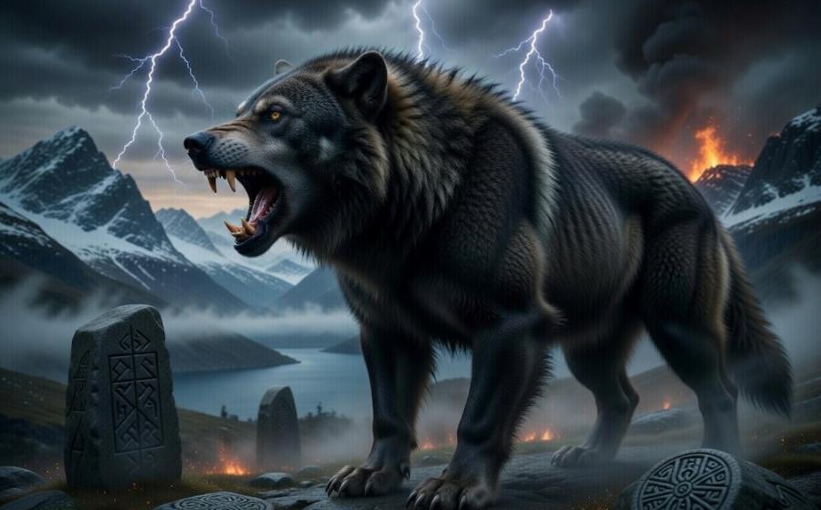 Fenrir, the monstrous wolf of Norse mythology, stands powerfully on a rocky cliff overlooking a misty fjord. With bared fangs and glowing eyes, he lets out a furious roar beneath a stormy sky filled with lightning and volcanic fire in the distance.