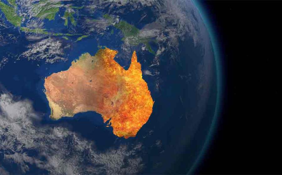 Globe map image of the region of Australia, Tasmania and New Guinea and now submerged land which once made up the Sahul landmass. Source: ink drop/Adobe Stock